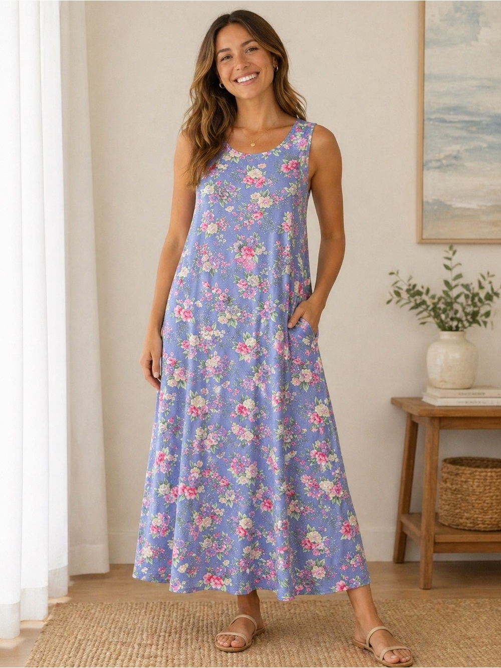 Bechamel Floral Cotton Maxi Dress Blue Pink‎ Sleeveless Cottagecore Womens M